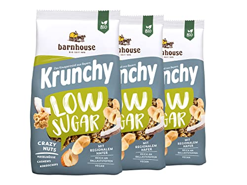 Barnhouse Krunchy Low Sugar Crazy Nuts, zuckerarmes Bio Hafer-Knuspermüsli aus Bayern, mit Cashews, Haselnüssen und Kokoschips, 3 x 375g von Barnhouse