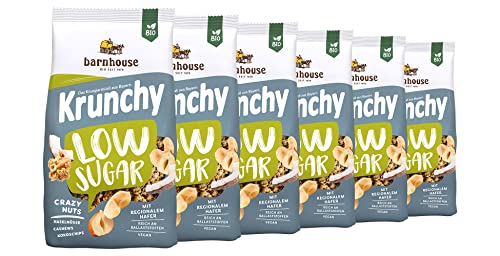 Barnhouse Krunchy Low Sugar Crazy Nuts, zuckerarmes Bio Hafer-Knuspermüsli aus Bayern, mit Cashews, Haselnüssen und Kokoschips, 6 x 375g von Barnhouse