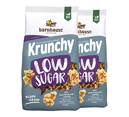 Barnhouse Krunchy Low Sugar Plain Grain, zuckerarmes Bio Hafer-Knuspermüsli aus Bayern, Basis-Sorte, 2 x 375g von Barnhouse