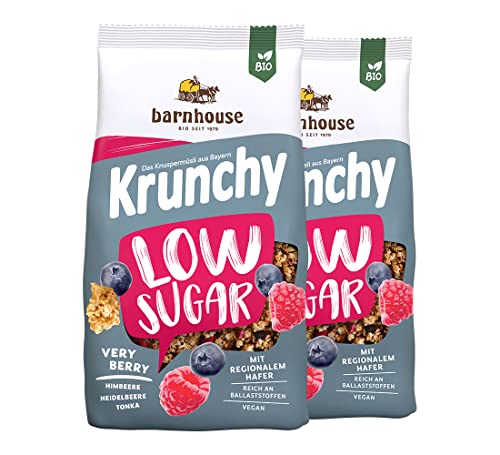 Barnhouse Krunchy Low Sugar Very Berry, zuckerarmes Bio Hafer-Knuspermüsli aus Bayern, mit Himbeeren, Heidelbeeren und Tonka, 2 x 375g von Barnhouse