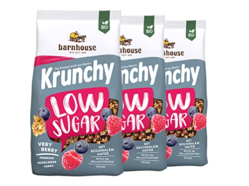 Barnhouse Krunchy Low Sugar Very Berry, zuckerarmes Bio Hafer-Knuspermüsli aus Bayern, mit Himbeeren, Heidelbeeren und Tonka, 3 x 375g von Barnhouse