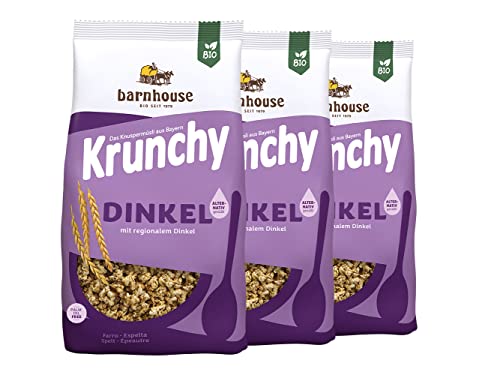 Barnhouse Krunchy Dinkel alternativ gesüßt, Bio Dinkel-Knuspermüsli aus Bayern, nur mit Reissirup gesüßt, 3 x 375 g von Barnhouse