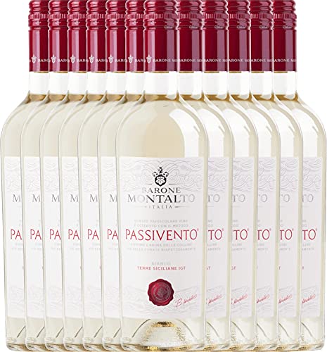 VINELLO 12er Weinpaket - Passivento Bianco Terre Siciliane IGT 2021 - Barone Montalto mit einem VINELLO.weinausgießer | | 12 x 0,75 Liter von Barone Montalto