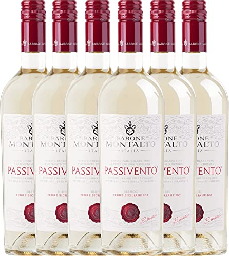 VINELLO 6er Weinpaket - Passivento Bianco Terre Siciliane IGT 2021 - Barone Montalto mit einem VINELLO.weinausgießer | | 6 x 0,75 Liter von Barone Montalto