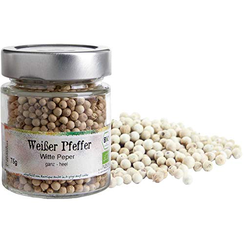 Pfeffer, weiß, ganz Weißer Pfeffer Vegan BARRIQUE-Feine Manufaktur Deutschland 75g-Glas von Barrique