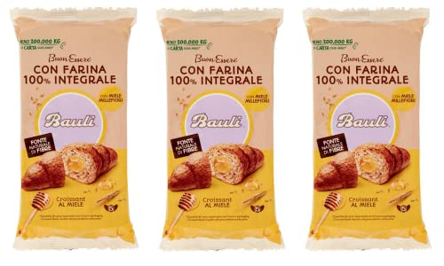 3x Bauli Cornetti Croissant con Farina Integrale Farciti con Miele Millefiori Croissant mit Vollkornmehl gefüllt mit Millefiori-Honig Packung à 225g, Jede Packung enthält 5 Croissants à 45g von Bauli