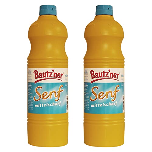 BAUTZ‘NER Senf mittelscharf – 2er Set (2x1000 ml) Flasche Mittelscharfer Senf– Original Bautz‘ner Rezeptur seit 1955 – Ohne Zusatz von Konservierungsstoffen und Geschmacksverstärkern – Senf von Bautz'ner