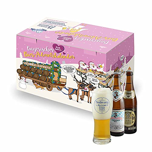 Bavariashop Bier Adventskalender 2023 - PINK Edition! 23 x Bier aus Bayern inkl. Verkostungsglas, Geschenkidee für Frauen und Herren im Geschenkkarton von Bavariashop