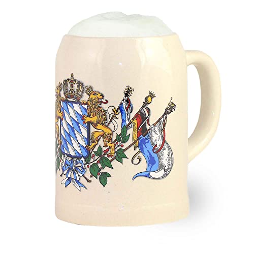 Bavariashop Steinkrug Bayern, Bayrisches Wappen Rautenmuster & Löwen, Bierkrug, Weiß, 0,5 Liter von Bavariashop