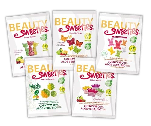 BeautySweeties All-In-One – Fruchtig süße & saure Fruchtgummi, 100% vegan – Fünf leckere Sorten: Schmetterlinge, Süße Kronen, Saure Katzen, Matcha-Sonnen und zuckerfreie Häschen, je 125g von BeautySweeties