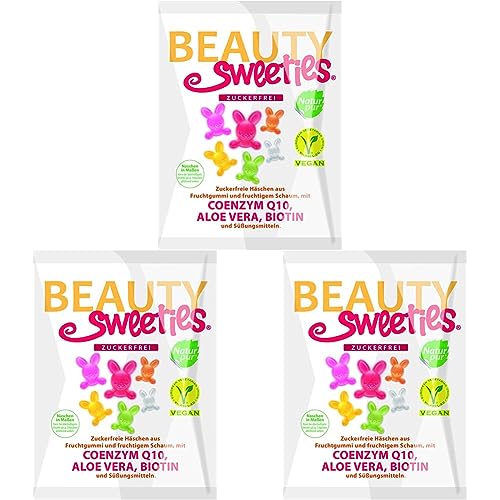 BeautySweeties Zuckerfreie Häschen – Fruchtig-süße, zuckerfreie & vegane Fruchtgummi-Häschen mit leckerem Fruchtschaum – Praktisch im 125 g Beutel (Packung mit 3) von Beauty Sweeties