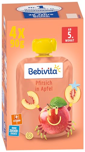 Bebivita Baby Quetschbeutel Pfirsich in Apfel, 4er Pack ( 4 x 4 x 90 g ) von Bebivita