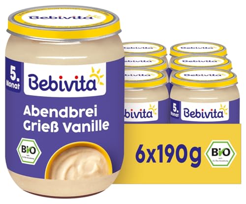 Bebivita Bio Abendbrei Grieß Vanille (6 x 190g), ab 5. Monat, ohne Zuckerzusatz, gut sättigend, 100% Bio-Qualität von Bebivita