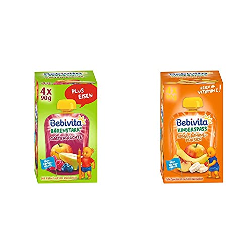 Bebivita Gartenfrüchte, 4er Pack ( 4 x 4 x 90 g ) & Kinder-Spaß, Apfel-Banane-Pfirsich, 4er Pack ( 4 x 4 x 90 g ) von Bebivita