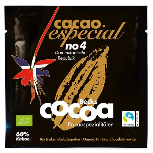 Becks cocoa Cacao Especial No 4 – Edelkakao aus der Dominikanischen Republik – Veganer Bio Kakao – Fairtrade Trinkschokolade – Perfekt für Heiße Schokolade, 25 g Sachet von Becks Cocoa