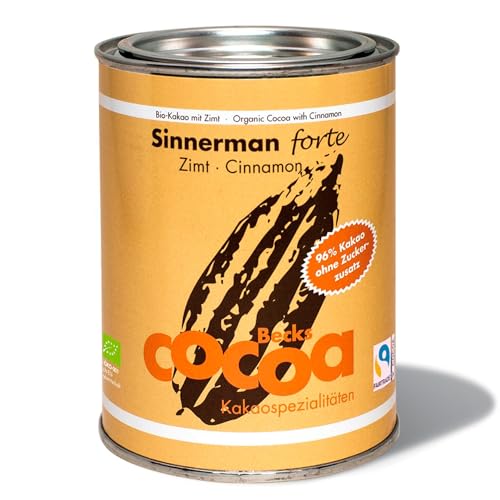 Becks cocoa Sinnerman Forte – Zimtiger Bio Kakao mit 96% Kakaoanteil, ohne Zucker – Premium Trinkschokolade – Perfekt für Heiße Schokolade oder Vegane Desserts, 250g von Becks Cocoa
