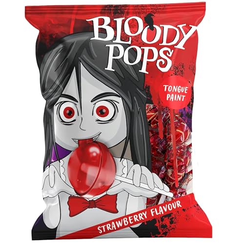Becky's Bloody Pops Tüte, Halloween Lollies mit Erdbeer-Geschmack, färbt die Zunge, 200g von Becky's