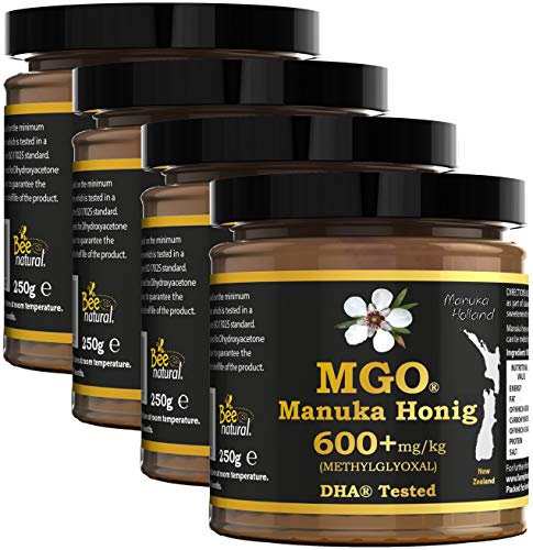 BEE NATURAL Manuka Honig MGO® 600+ 1000g (= 4 x 250g) / ECHTGLAS GLAS / Manuka-Honig MGO 263 ≥ UMF 10, 300 ≥ 11, 400 420 ≥ 12, 514 ≥ 15, 550 ≥ 16, 600 ≥ 17, 696 700 720 ≥ 18, 800 ≥ 19, 829 850 ≥ 20 von Bee Natural