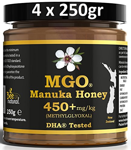 Manuka Honig BEE NATURAL MGO® 450+ 1000g (= 4 x 250g) / ECHTGLAS GLAS/ManukaHonig MGO 263 ≥ UMF 10, 300 ≥ 11, 400 420 ≥ 12, 514 ≥ 15, 550 ≥ 16, 600 ≥ 17, 696 700 720 ≥ 18, 800 ≥ 19, 829 850 ≥ 20 von Bee Natural