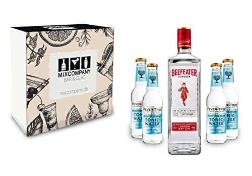 Gin Tonic Geschenkset - Beefeater Dry Gin 70cl (47% Vol) + 4x Fever Tree Mediterranean Tonic Water 200ml + Geschenkverpackung von Beefeater