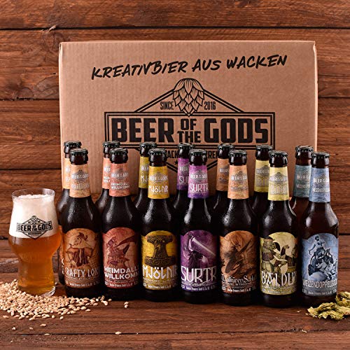 WACKEN BRAUEREI Craft Beer Box 16 x 0,33 l verschiedene Sorten + Bierglas BEER OF THE GODS | GÖTTERGABE | Viking Craftbeer Set Gift for Men | Wikinger Kraft Bier Geschenk für Männer | Party Festival von Beer of the Gods - Since 2016 - Wacken Brauerei