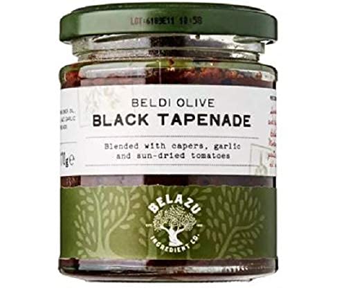 Belazu Black Olive Tapenada 170 g – reichhaltige, schwarze, natürlich gereifte Beldi-Oliven gemischt mit Kapern, Knoblauch und getrockneten Tomaten, um eine umamireiche Paste herzustellen. von Belazu