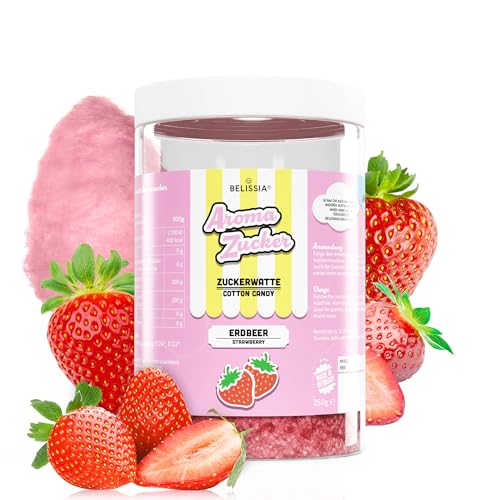 250g Zuckerwatte Zucker mit Erdbeer Geschmack | Intensiver Aromazucker für jede Zuckerwattemaschine | Geeignet für Dessert, Popcorn, Kratzeis, Slush, Cocktails uvm. von Belissia