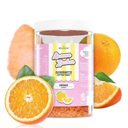 Belissia Aromazucker | 250g Zuckerwatte Zucker mit Orange Geschmack | Intensiver Aromazucker für jede Zuckerwattemaschine | Geeignet für Dessert, Popcorn, Kratzeis, Slush, Cocktails uvm. von Belissia