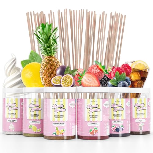 Belissia 6x250g Zuckerwatte Zucker Partyset inkl. 100 Zuckerwatte Stäbe | Intensiver Aromazucker für jede Zuckerwattemaschine | Geeignet für Dessert, Popcorn, Kratzeis, Slush, Cocktails uvm. von Belissia