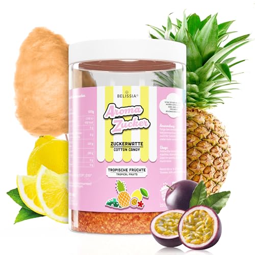 Belissia 250g Zuckerwatte Zucker mit Tropische Früchte Geschmack | Intensiver Aromazucker für jede Zuckerwattemaschine | Geeignet für Dessert, Popcorn, Kratzeis, Slush, Cocktails uvm. von Belissia