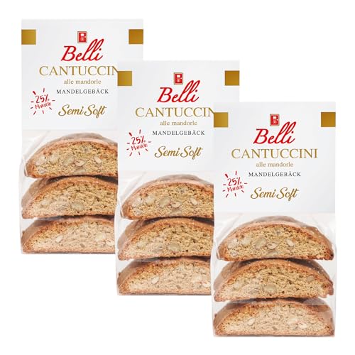 Belli Cantuccini Semi Soft alle mandorle 3x200g | weiches Mandelgebäck aus Italien | softe Kekse mit Mandeln | 200g abgepackte Gebäckstücke von Belli