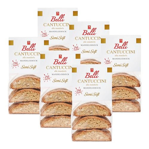 Belli Cantuccini Semi Soft alle mandorle 6x200g | weiches Mandelgebäck aus Italien | softe Kekse mit Mandeln | 200g abgepackte Gebäckstücke von Belli