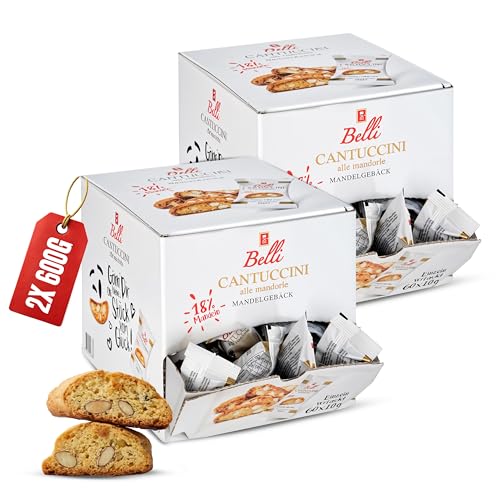 Belli Cantuccini alle mandorle 2er Pack (2x 600g) | 60x Kekse pro Box | Gebäck mit Mandeln aus Italien | einzeln verpackte Kekse in einer praktischen Box von Belli