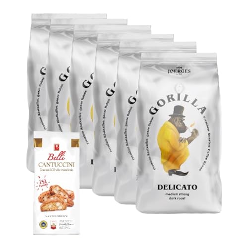 Gorilla Delicato 6x 1000g Kaffee Espresso | Kaffeebohnen Vorratspaket + Belli Cantuccini IGP alle mandorle 25% Mandeln 150g | Sparpaket Büroset von Belli