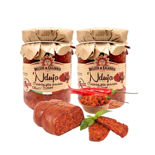 Delizie di Calabria Nduja Set (2x135g) – Original Kalabrische Streichsalami, Würzige Spezialität mit Chili, Rustikale Glasverpackung, Perfekt für Pasta, Pizza & Brotaufstrich von Bellmond Eq
