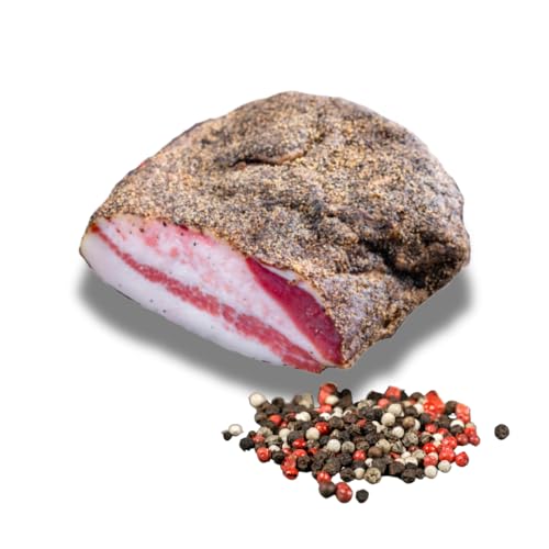 Guanciale | Fettbacke | Stücke portioniert ca. 600g | ein 100% italienisches Produkt | ideal für ihre Amatriciana- und Carbonara-Rezepte |höchster Qualität | luftgetrocknet | mit Pfeffer gewürzt von Bellmond Eq