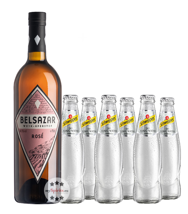 Belsazar Rosé Vermouth + 6 x Schweppes Dry Tonic Water (14,5 % vol., 1,95 Liter) von Belsazar