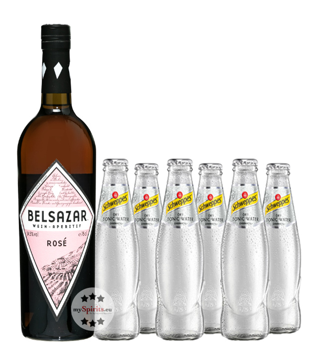 Belsazar Rosé Vermouth + 6 x Schweppes Dry Tonic Water (14,5 % vol., 1,95 Liter) von Belsazar