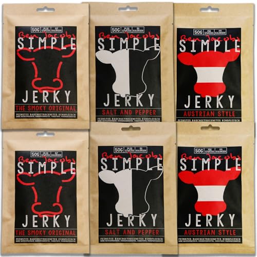 Beef Jerky Probierbox, 6 x 50g, handgemacht, österreichisches Weiderind, Premium Trockenfleisch ohne chemische Zusätze (Best Seller Box) von Ben Jacobs