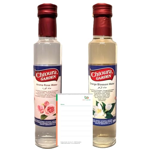 Chtoura Garden Blütenwasser Duo: Rosenwasser, Orangenblütenwasser, je 250ml (2x250ml), zur Aromatisierung von Süßspeisen, Backwaren und Getränken + Ben’s Garden Notizblock Set von Ben's Garden