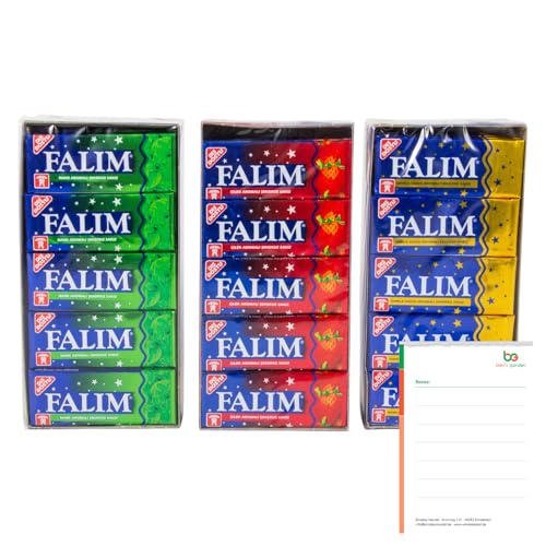 Falim Kaugummi 3 Sorten Multipack – Minze, Erdbeere & Mastix (3 Stangen à 5 Schachteln, Insgesamt 15 Schachteln) – Zuckerfrei + Ben's Garden Notizblock von Ben's Garden