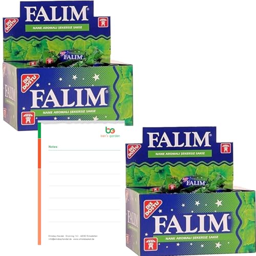 Falim Zuckerfreier Kaugummi mit Minzgeschmack 2er Pack Set – Insgesamt 200 Stück (2 x 100) – ohne Zucker, Vorteilspack + Ben's Garden Notizblock von Ben's Garden