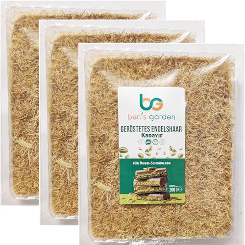 Knuspriger,gerösteter Kadayif-Engelshaar(Teigfäden) von Ben's Garden - Ideal für Dubai Schokolade,als Topping von Müsli & Joghurt-Ohne Zusatzstoffe-Ohne Transfette- 100% natürlich (3 Pack, 600, gramm) von Ben's Garden