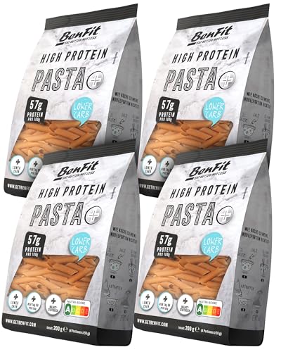 BENFIT High Protein Low Carb Nudeln - 4 x 200g Penne - Proteinreiche Eiweiß Pasta, langanhaltend sättigend & kohlenhydratreduziert, 60 g Protein auf 100 g, bis zu 24 Monate haltbar von BenFit Nutrition