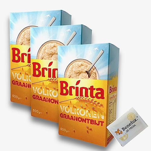 Brinta Volkoren graanontbijt Cerealienfrühstück Vollkornmüsli aus Vollkornweizen Vorratspackung 3x 500g + Benefux. Erfrischungstuch von Benefux.