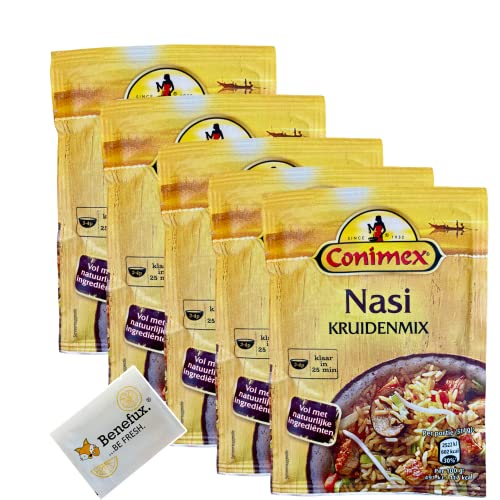 Conimex Nasi Kruidenmix Kräutermischung Asiatische Gewürzmischung Sparpaket 5x 20g + Benefux. Erfrischungstuch von Benefux.