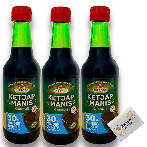 Inproba Ketjap Manis glutenfreie süße Indonesien Soja Sauce, 30% weniger Zucker, glutenfrei, Multipack 3x 250ml + Benefux. Erfrischungstuch von Benefux.