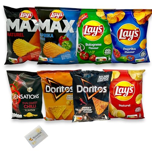 Lay’s + Doritos Chips Probierpaket 24 kleine Mini-Beutel (8 verschiedene Sorten) - 972g Gesamtgewicht + Benefux. Erfrischungstuch von Benefux.