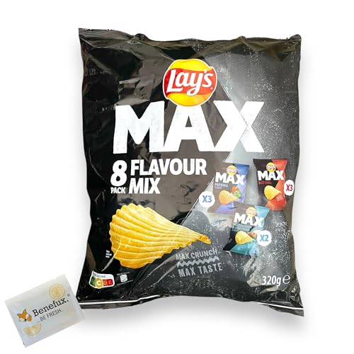 Lay's Max Flavour Mix - crunchige Riffelchips in 8 Mini-Beuteln - Paprika, Naturel, Roasted Onion & Sour Cream 320g + Benefux. Erfrischungstuch von Benefux.