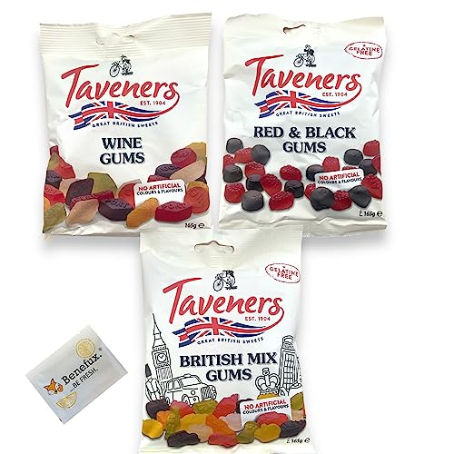 Taveners British Sweets Probier-Set Wine Gums, British Mix, Red&Black Gums Multipack 3x 165g + Benefux. Erfrischungstuch von Benefux.